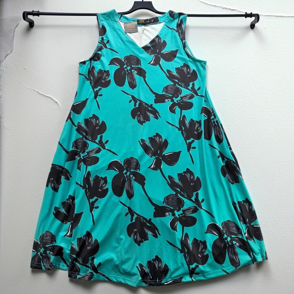 R&B Collection Turquoise Black Floral V-Neck Sleeveless Pocket Dress XL NEW